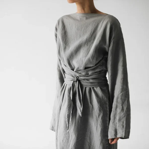 Women Elegance Audrey Hepburn Style Round Neck 3/4 Puff Sleeve Swing Maxi Dress Long Belt Dresses with Pockets - Image 3