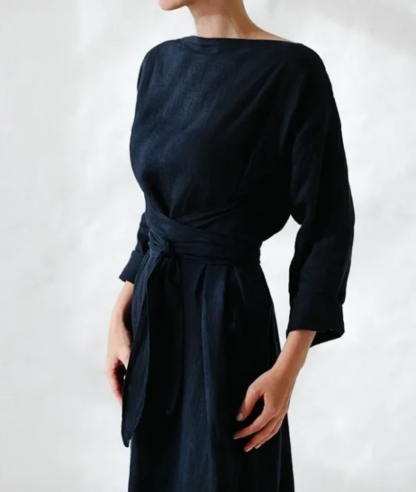 Women Elegance Audrey Hepburn Style Round Neck 3/4 Puff Sleeve Swing Maxi Dress Long Belt Dresses with Pockets - Image 5