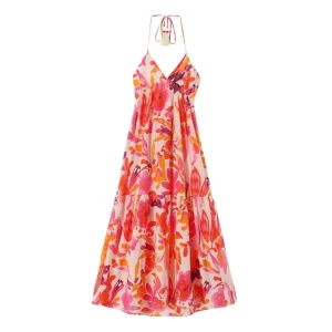 PB&ZA2024 Summer New Product Women's Wear European and American Style Hanging Neck Collar Tassel Lacing Print Long Dress