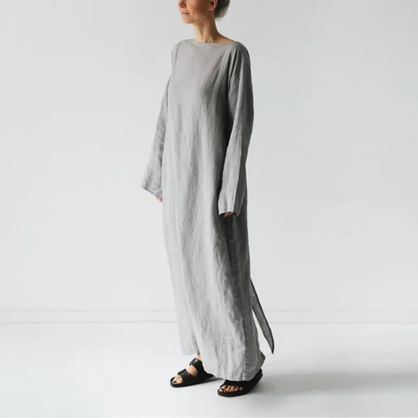 Women Elegance Audrey Hepburn Style Round Neck 3/4 Puff Sleeve Swing Maxi Dress Long Belt Dresses with Pockets - Image 4