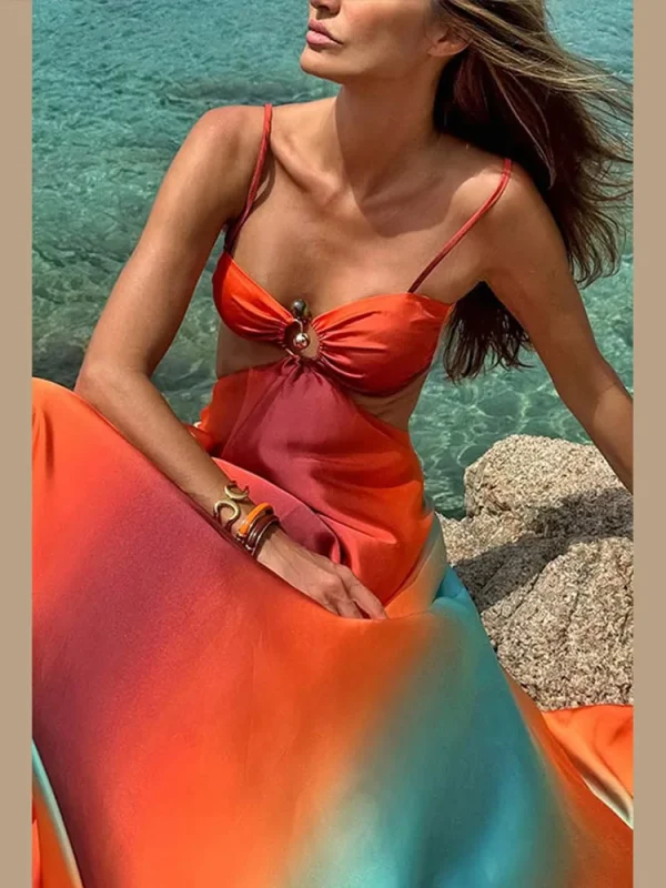 Sexy Gradient Sling Beach Long Dress Women Vintage Sleeveless Lace Up Hollow Out Tube Dresses Female Chic Street Party Holiday - Image 6