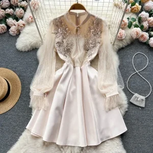 Retro Elegant O Neck Embroidered Beads Patchwork Mesh Dress A-line Long Sleeve Casual High Waist Dress Women Ceremonial Dress