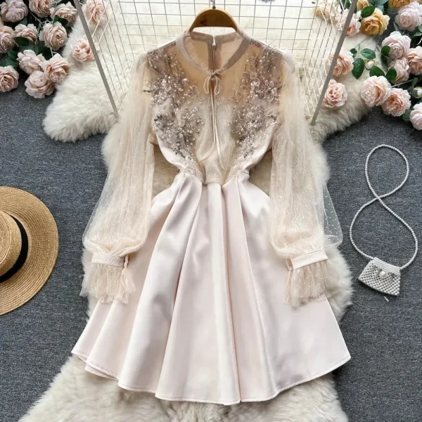 Retro Elegant O Neck Embroidered Beads Patchwork Mesh Dress A-line Long Sleeve Casual High Waist Dress Women Ceremonial Dress