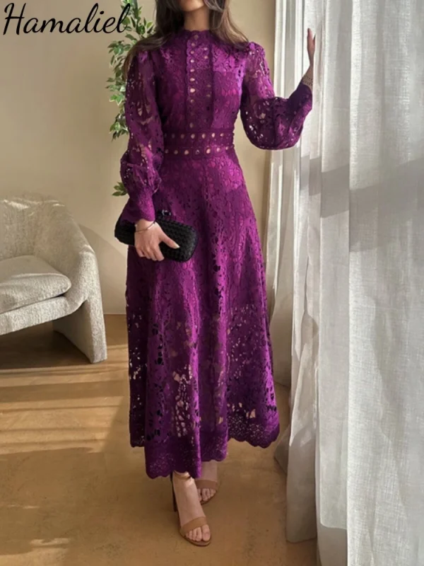 Autumn Vintage Embroidery Hollow Out Dresses Women's Stand Collar Long Sleeve Solid High Waist Elegant Wedding Party Vestidos