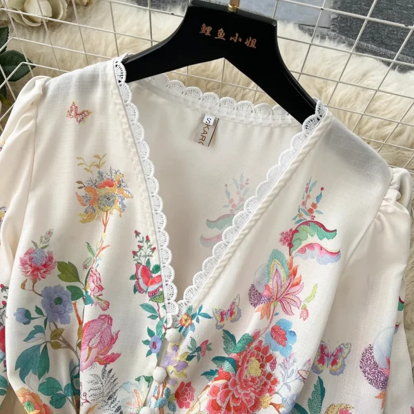 Summer Holiday Flower Robe Dress Women Lace Splicing V-Neck Long Lantern Sleeve Sashes Floral Print Maxi Vestidos Clothes 6272 - Image 2