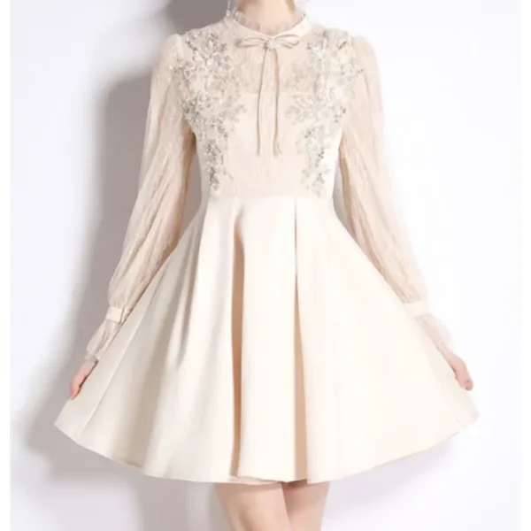 Retro Elegant O Neck Embroidered Beads Patchwork Mesh Dress A-line Long Sleeve Casual High Waist Dress Women Ceremonial Dress - Image 2