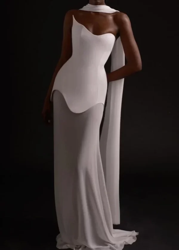 Sexy Strapless Mesh Patchwork Bandage Long Dress With Scarf Women Black White Backless Asymmetrical Maxi Dresses Celebrity Party