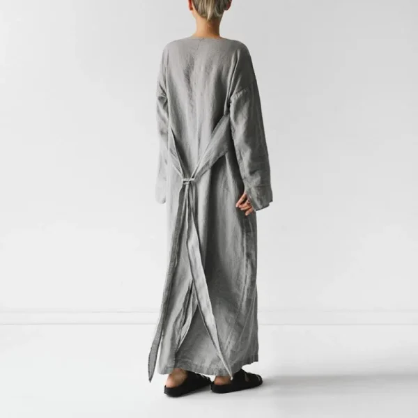 Women Elegance Audrey Hepburn Style Round Neck 3/4 Puff Sleeve Swing Maxi Dress Long Belt Dresses with Pockets - Image 2