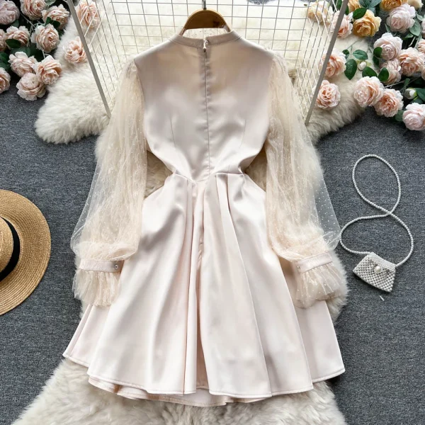 Retro Elegant O Neck Embroidered Beads Patchwork Mesh Dress A-line Long Sleeve Casual High Waist Dress Women Ceremonial Dress - Image 3