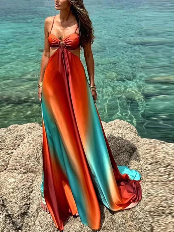 Sexy Gradient Sling Beach Long Dress Women Vintage Sleeveless Lace Up Hollow Out Tube Dresses Female Chic Street Party Holiday - Image 3