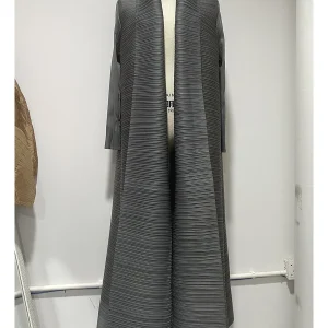 Miyake Pleated Turndown Collar Long Sleeve Cardigan Dress Long Coats Women 2024 New Abaya Fashion Solid Loose Large Size Clothes
