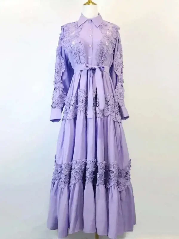 Luxury Autumn Lace Flower Embroidery Long Sleeve Maxi Evening Dresses Shirt Women Single Breasted Prom Wedding Party Vestidos