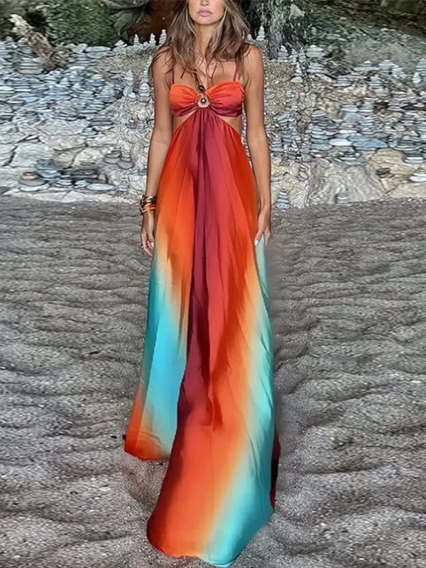 Sexy Gradient Sling Beach Long Dress Women Vintage Sleeveless Lace Up Hollow Out Tube Dresses Female Chic Street Party Holiday - Image 2