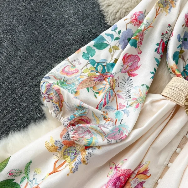 Summer Holiday Flower Robe Dress Women Lace Splicing V-Neck Long Lantern Sleeve Sashes Floral Print Maxi Vestidos Clothes 6272 - Image 4