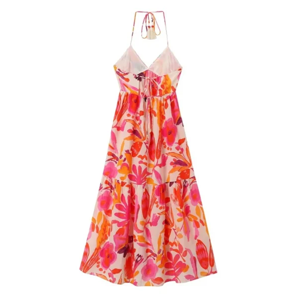 PB&ZA2024 Summer New Product Women's Wear European and American Style Hanging Neck Collar Tassel Lacing Print Long Dress - Image 2