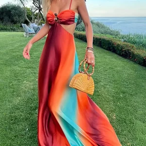 Sexy Gradient Sling Beach Long Dress Women Vintage Sleeveless Lace Up Hollow Out Tube Dresses Female Chic Street Party Holiday