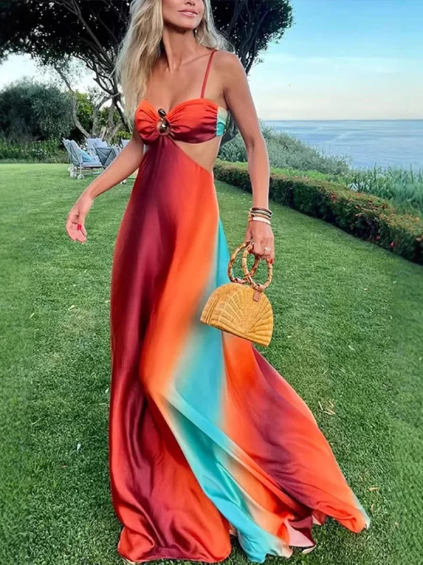 Sexy Gradient Sling Beach Long Dress Women Vintage Sleeveless Lace Up Hollow Out Tube Dresses Female Chic Street Party Holiday