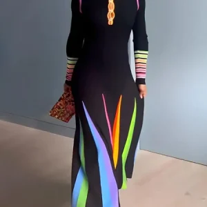 Freeacy Women's Spring and Autumn Stylish Printed Dress Long Sleeve Polo Neck Skinny Middle Length Dresses for Female Adult