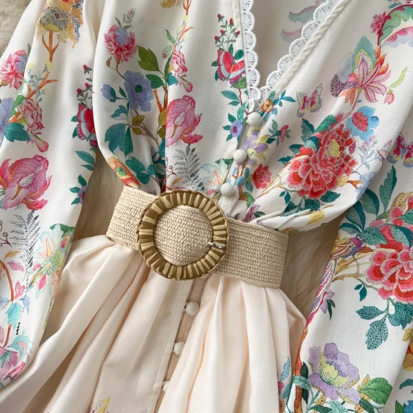 Summer Holiday Flower Robe Dress Women Lace Splicing V-Neck Long Lantern Sleeve Sashes Floral Print Maxi Vestidos Clothes 6272 - Image 3