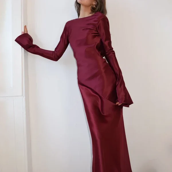 White Satin Long Sleeved Slim Evening Dress Sexy Hollow Out Backless Mermaid Robe Dress New Autumn Women O Neck Fashion Dresses - Image 5