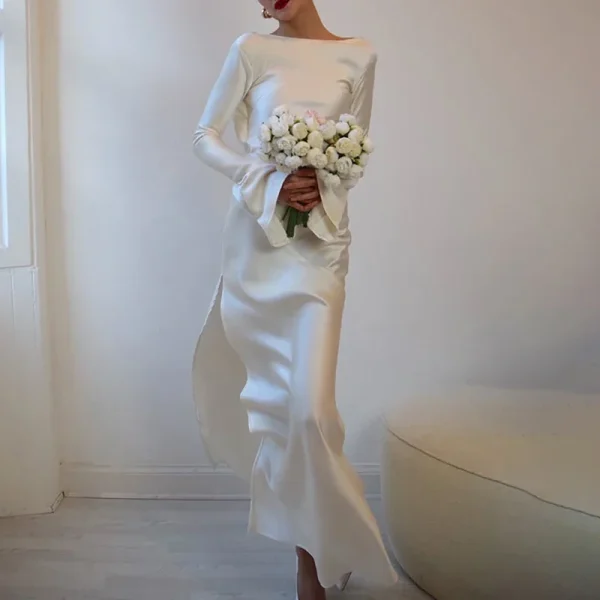 White Satin Long Sleeved Slim Evening Dress Sexy Hollow Out Backless Mermaid Robe Dress New Autumn Women O Neck Fashion Dresses - Image 4